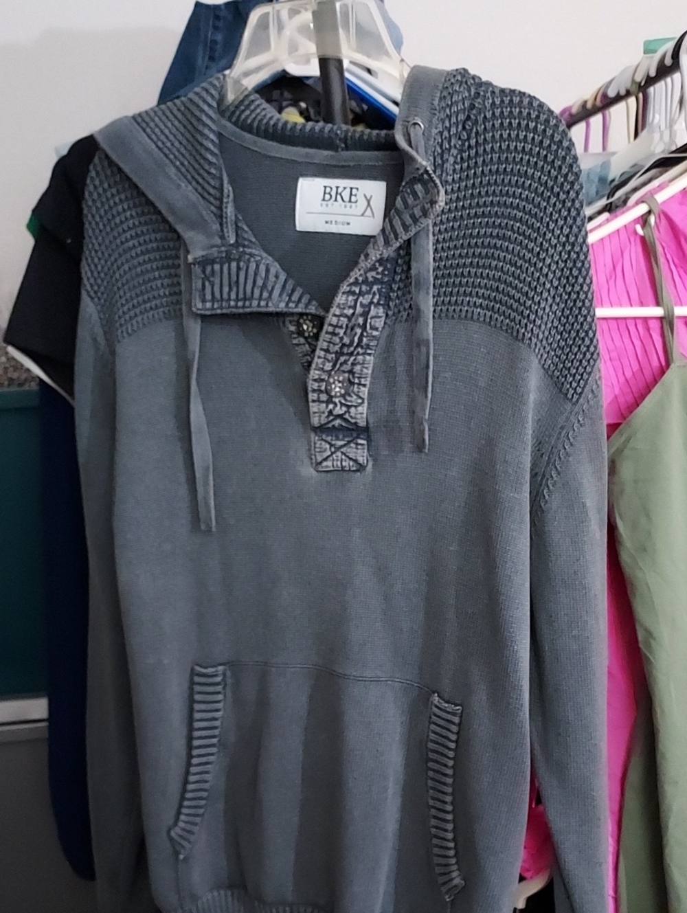 BKE Men’s Gray Knit Crewneck Hooded Sweater